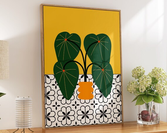 Yellow House Plant Print On Geometric Tiles Unframed Living Roombathroombedroomkitchen Illustration Art
