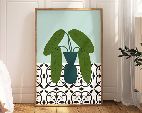 Blue House Plant Print On Geometric Tiles Unframed Abstract Botanical Gallery Wall Art Bedroombathroom