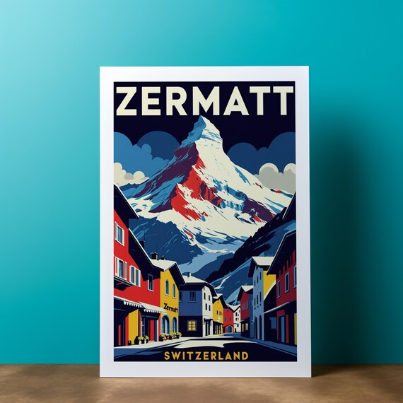 Zermatt Switzerland Retro Travel Poster with Matterhorn at Night