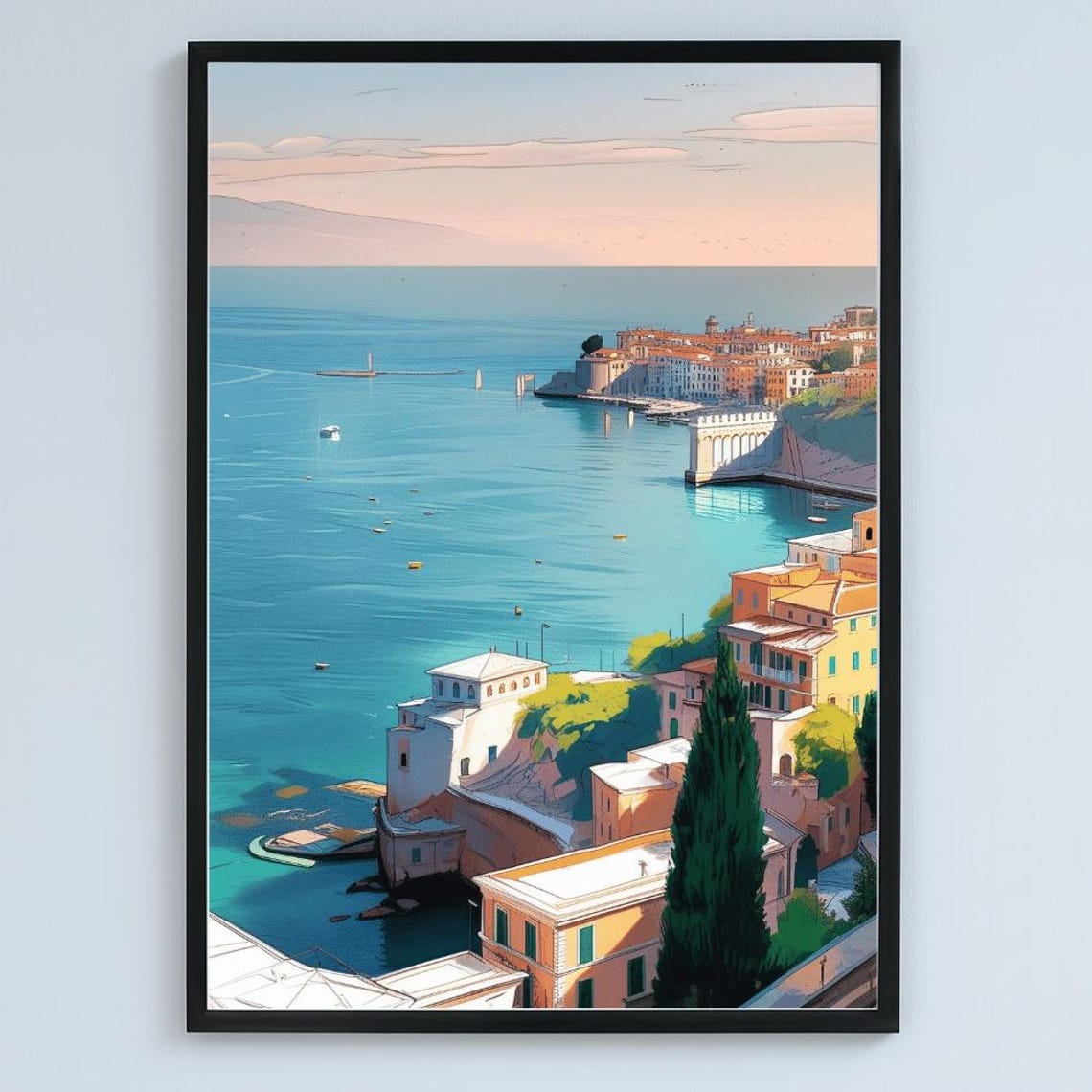 Naples Italy Sparkling Turquoise Coast Midcentury Travel Art Poster