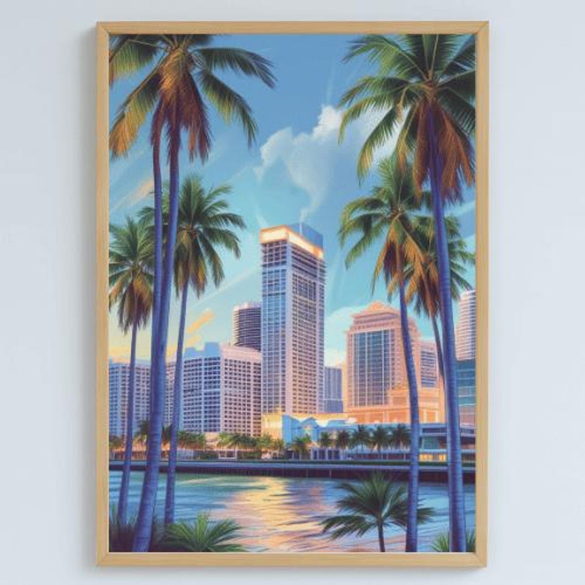 Tropical City Skyline Palm Trees Waterfront Illustration Poster