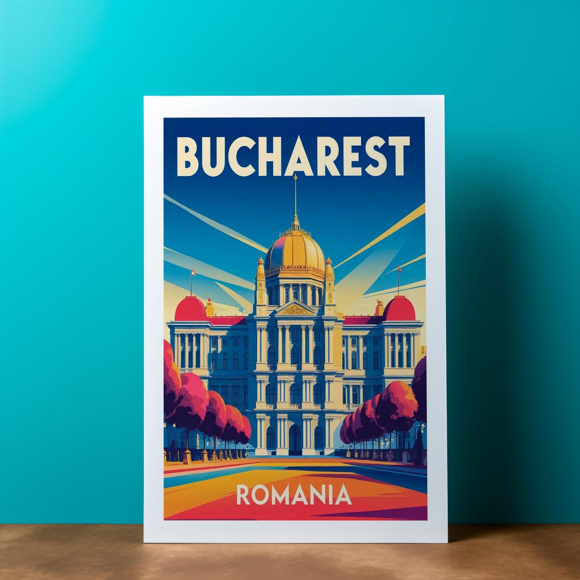 Bucharest Romania Vintage Travel Poster Retro Palace Cityscape Artwork