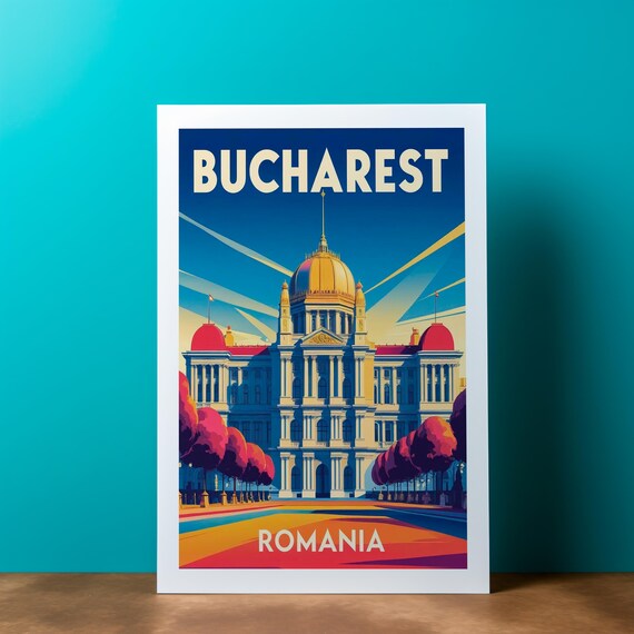 Bucharest Romania Vintage Travel Poster Retro Palace Cityscape Artwork