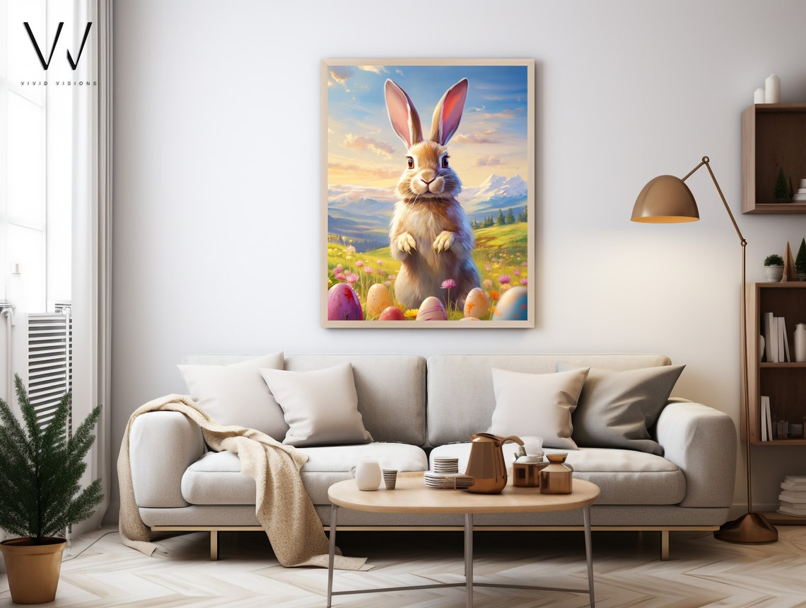 Adorable Easter Bunny Among Colorful Eggs at Mountain Sunset Poster - Image 4