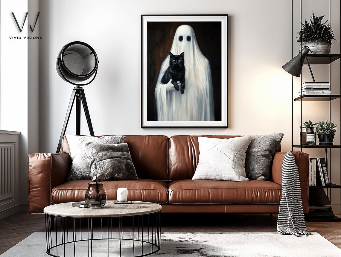 Ghost Holding A Black Cat Poster Spooky Halloween Pet Portrait Art - Image 3