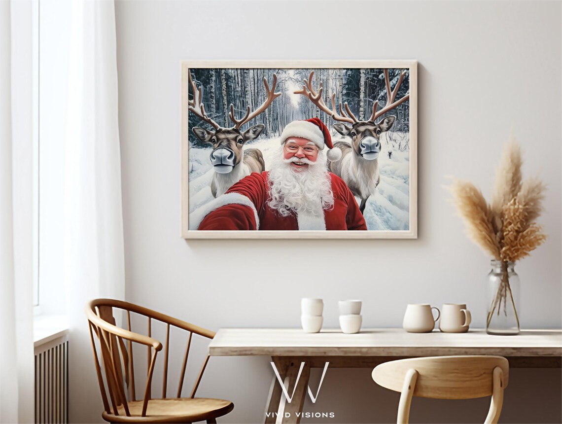 Santa Taking A Selfie With Reindeer Poster Funny Christmas Winter Art - Image 3