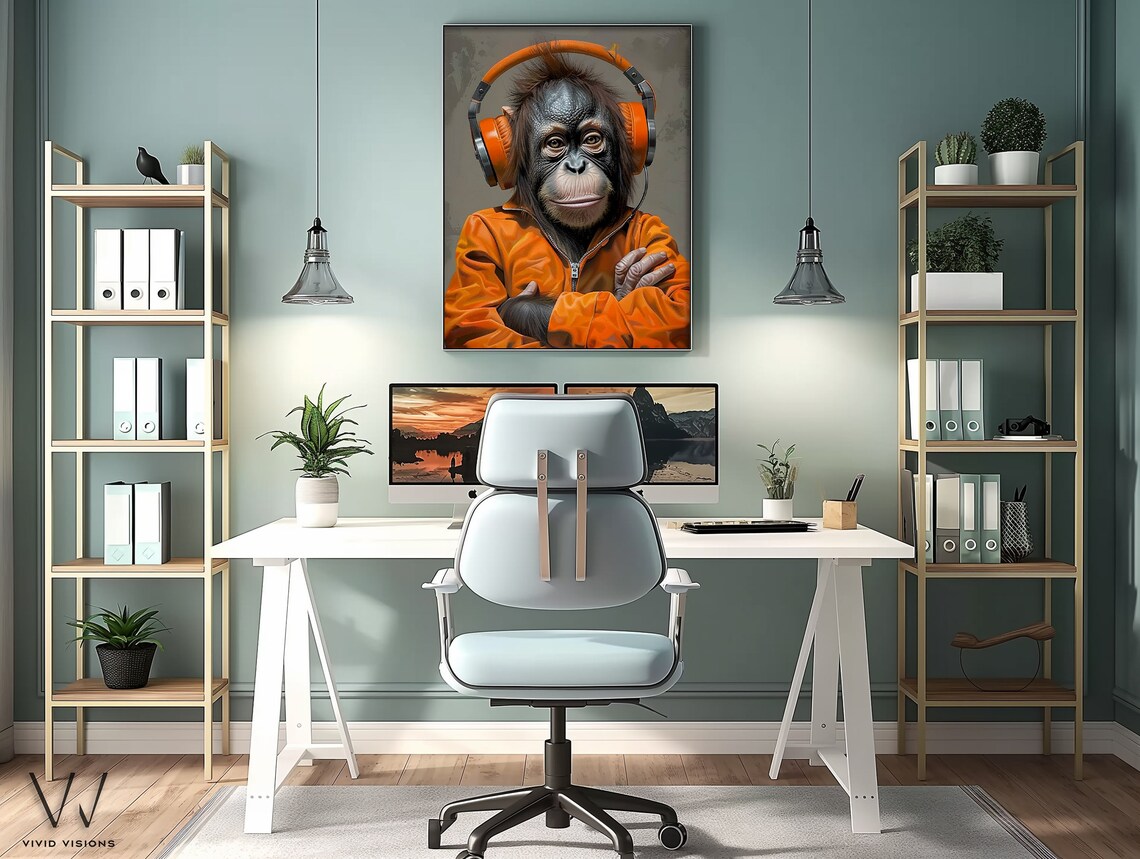 Orangutan in Orange Headphones Confident Music Animal Portrait Poster - Image 3