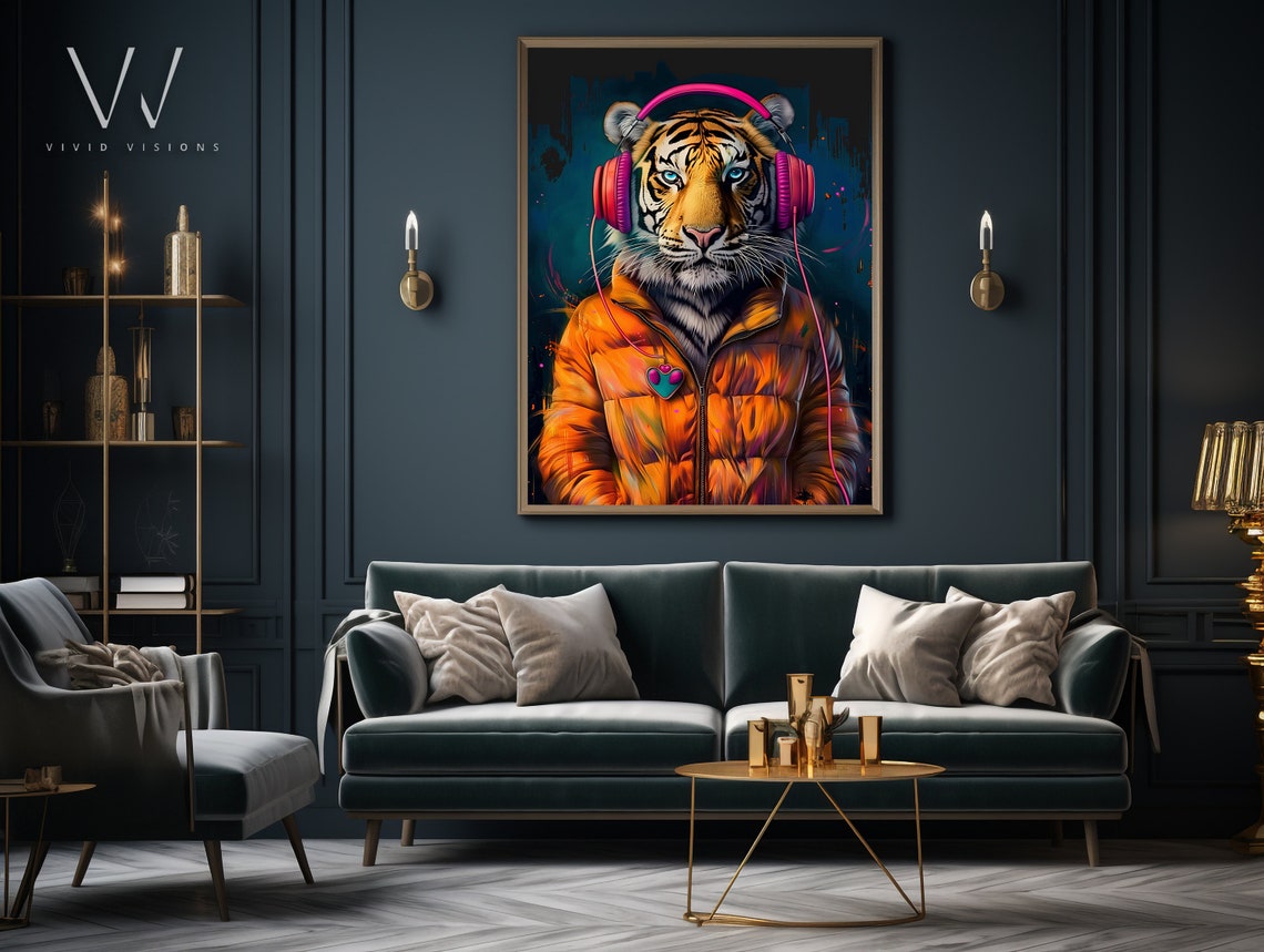 Tiger in Orange Puffer Jacket Pink Headphones Graffiti Pop Poster - Image 3