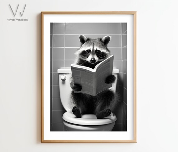 Raccoon Reading the Newspaper on the Toilet Black and White Poster