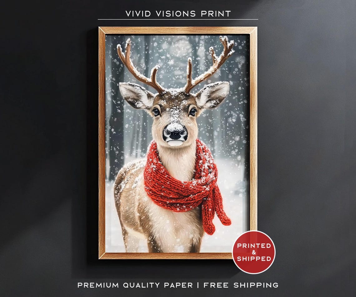 Reindeer in Red Knit Scarf Standing in Falling Snow Winter Poster