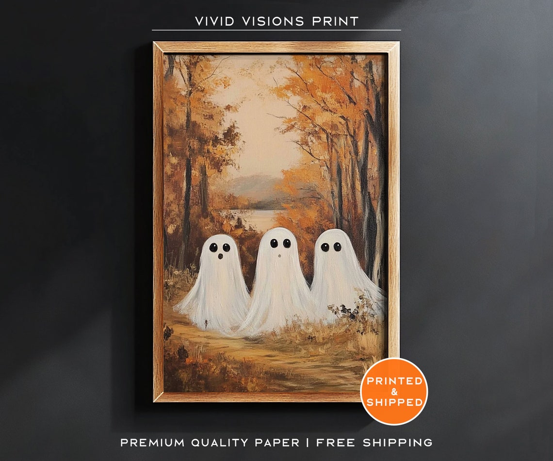 Three Cute Ghosts On A Forest Path Poster Autumn Halloween Wall Decor