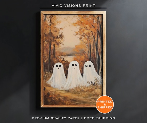 Three Cute Ghosts On A Forest Path Poster Autumn Halloween Wall Decor