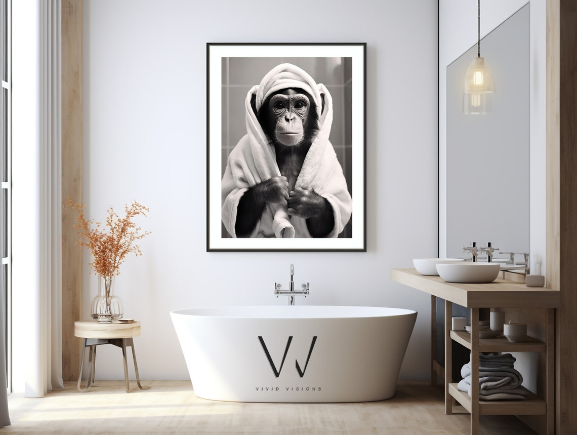 Funny Chimpanzee With Towel on Head Black and White Spa Poster - Image 3