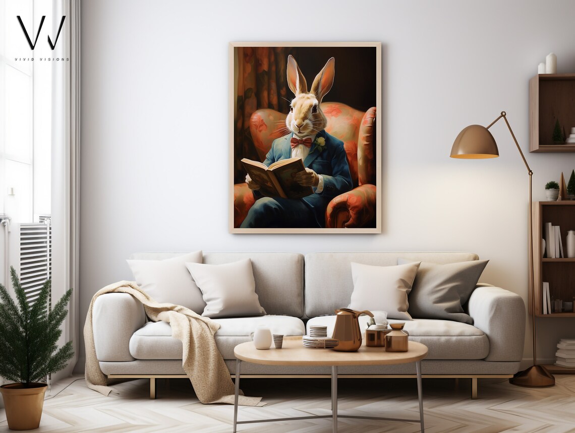 Gentleman Rabbit Reading a Book in an Armchair Vintage Poster - Image 4