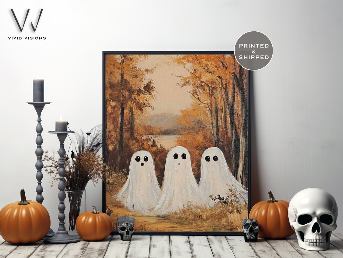 Three Cute Ghosts On A Forest Path Poster Autumn Halloween Wall Decor - Image 3