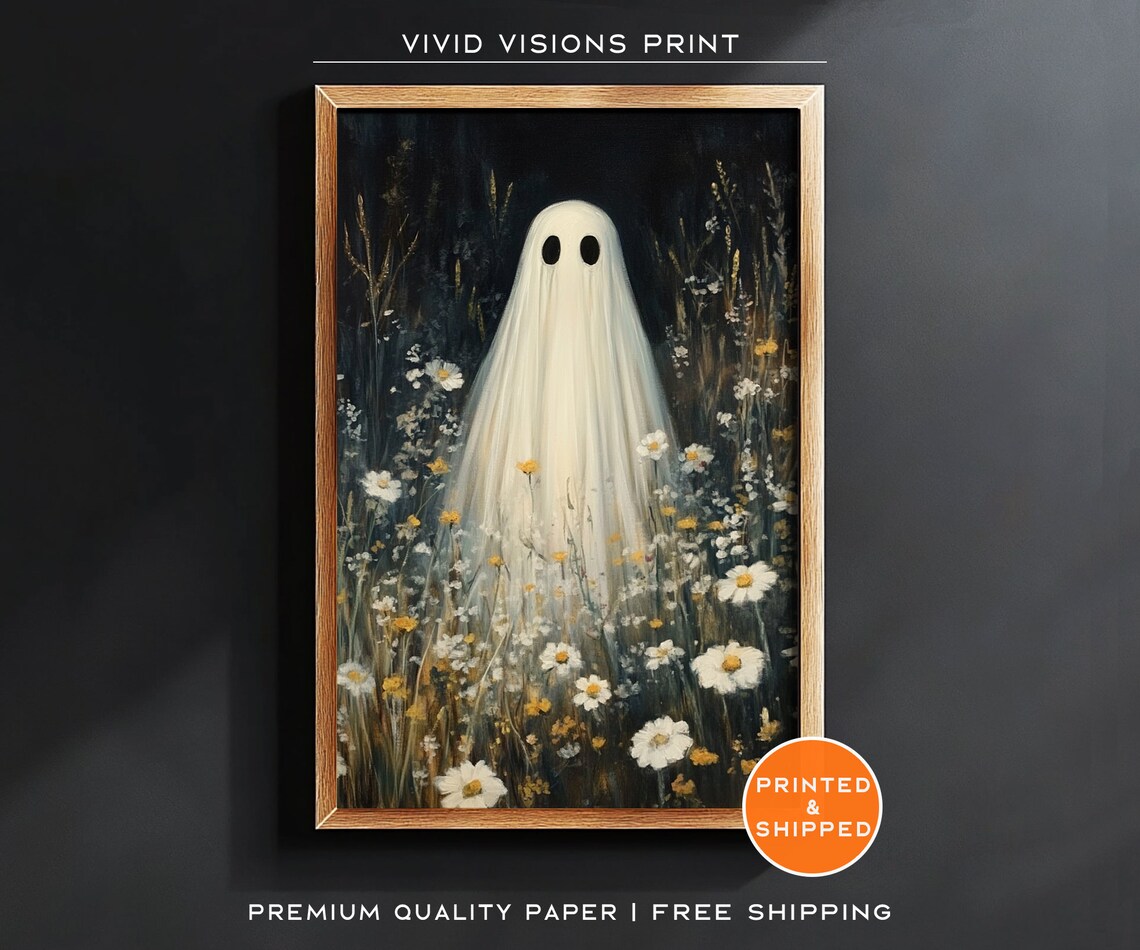 Solitary Ghost Among Wildflowers Poster Dark Floral Halloween Painting