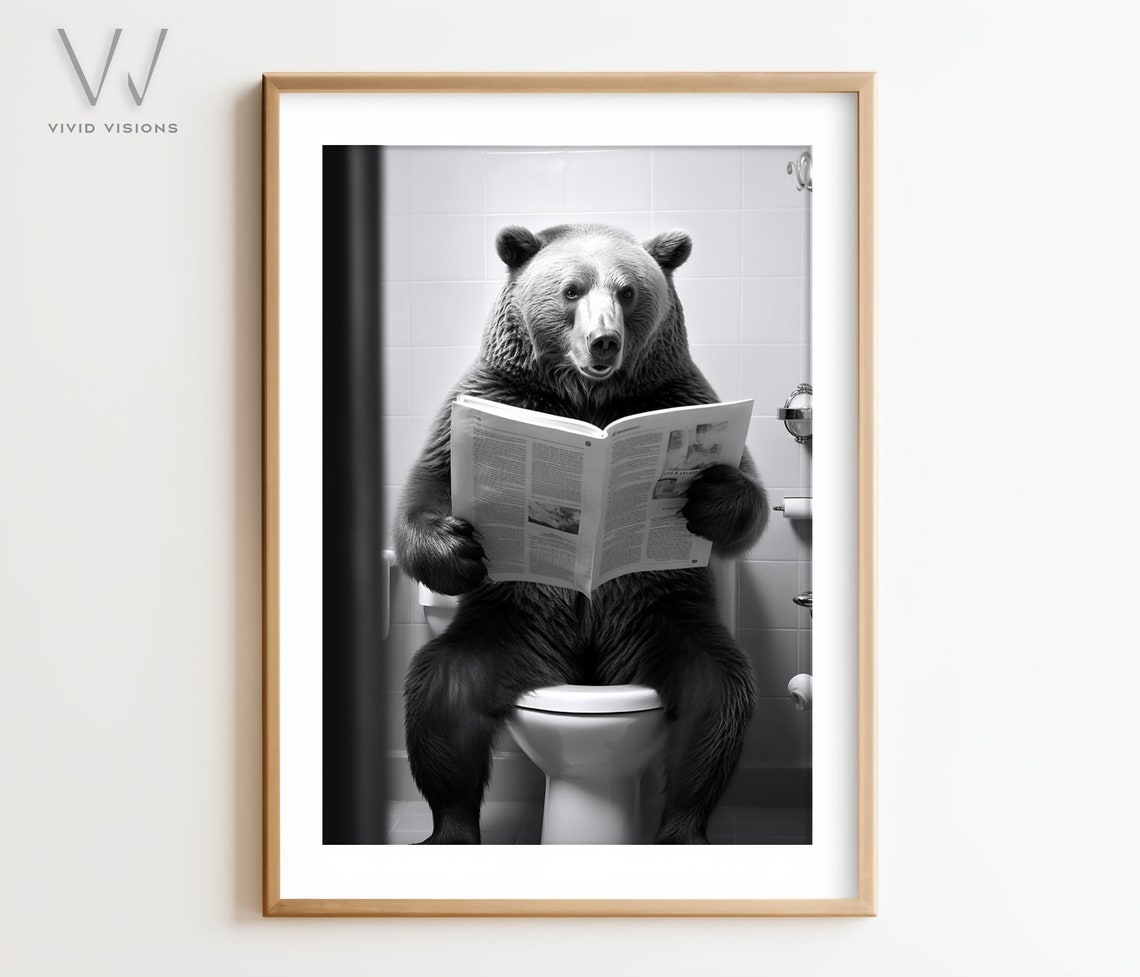 Funny Brown Bear Sitting on Toilet Reading Newspaper Bathroom Poster