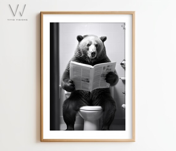 Funny Brown Bear Sitting on Toilet Reading Newspaper Bathroom Poster