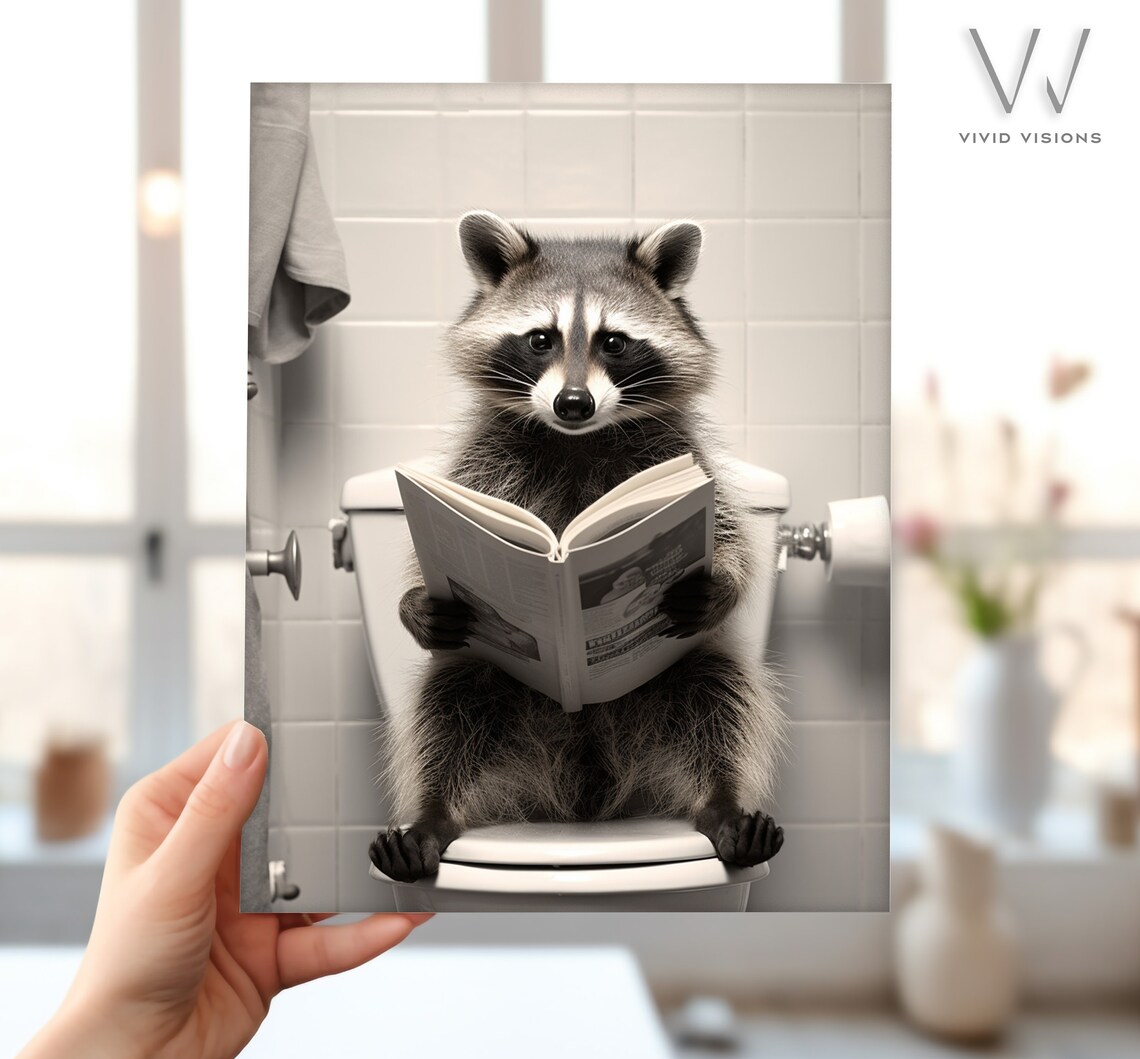 Raccoon Reading a Book on the Toilet Fun Black and White Poster - Image 4