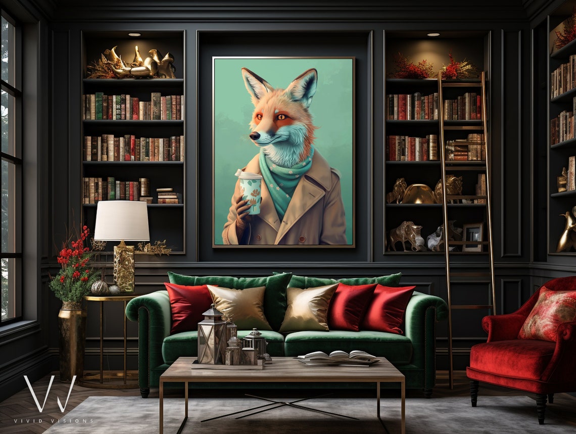 Fox in Trench Coat Holding Coffee Cup Teal Scarf Stylish Art Poster - Image 3