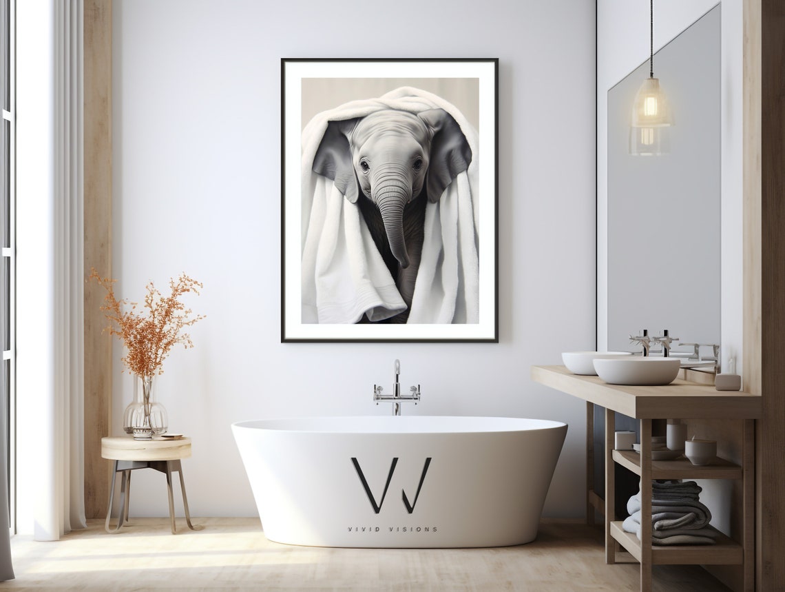 Cute Baby Elephant Wrapped in Warm White Towel Funny Spa Poster - Image 3