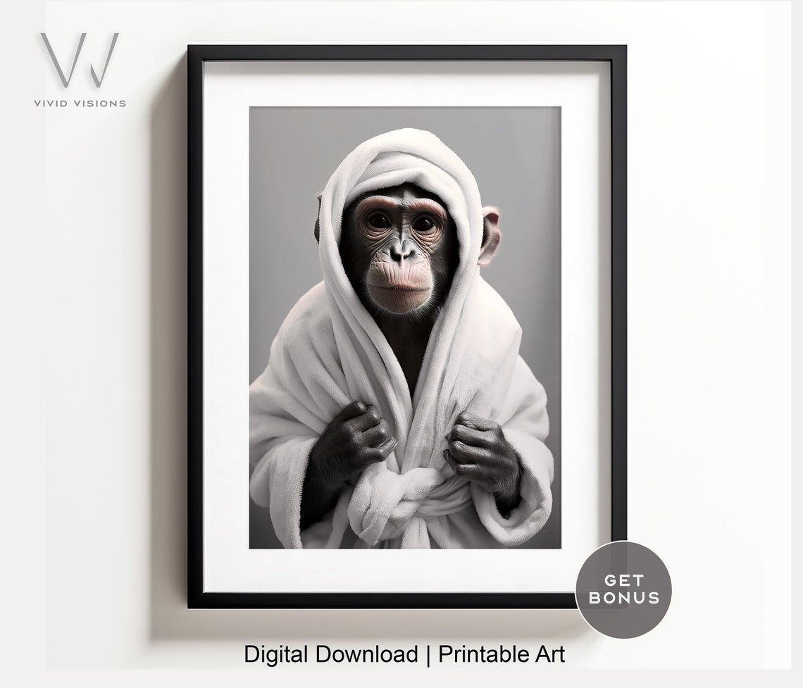 Baby Chimpanzee in a Hooded White Bathrobe Sweet Nursery Poster