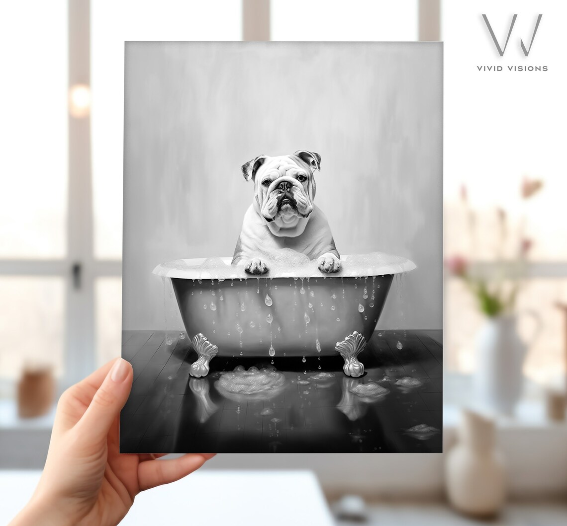 English Bulldog in Vintage Bathtub Black White Bathroom Poster - Image 4