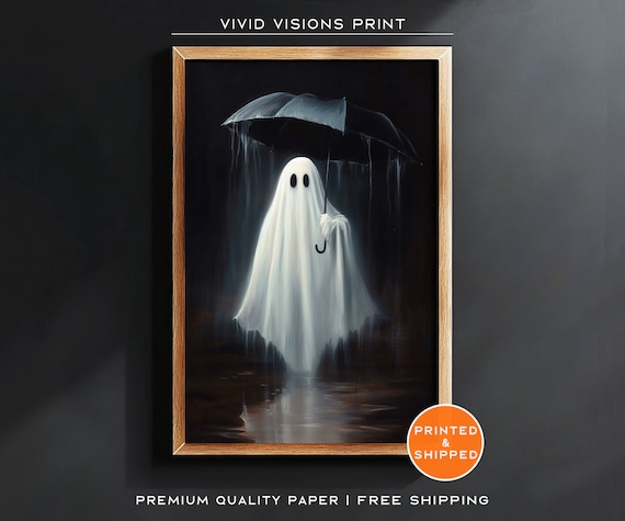 Ghost Holding An Umbrella In The Rain Poster Moody Dark Halloween Art