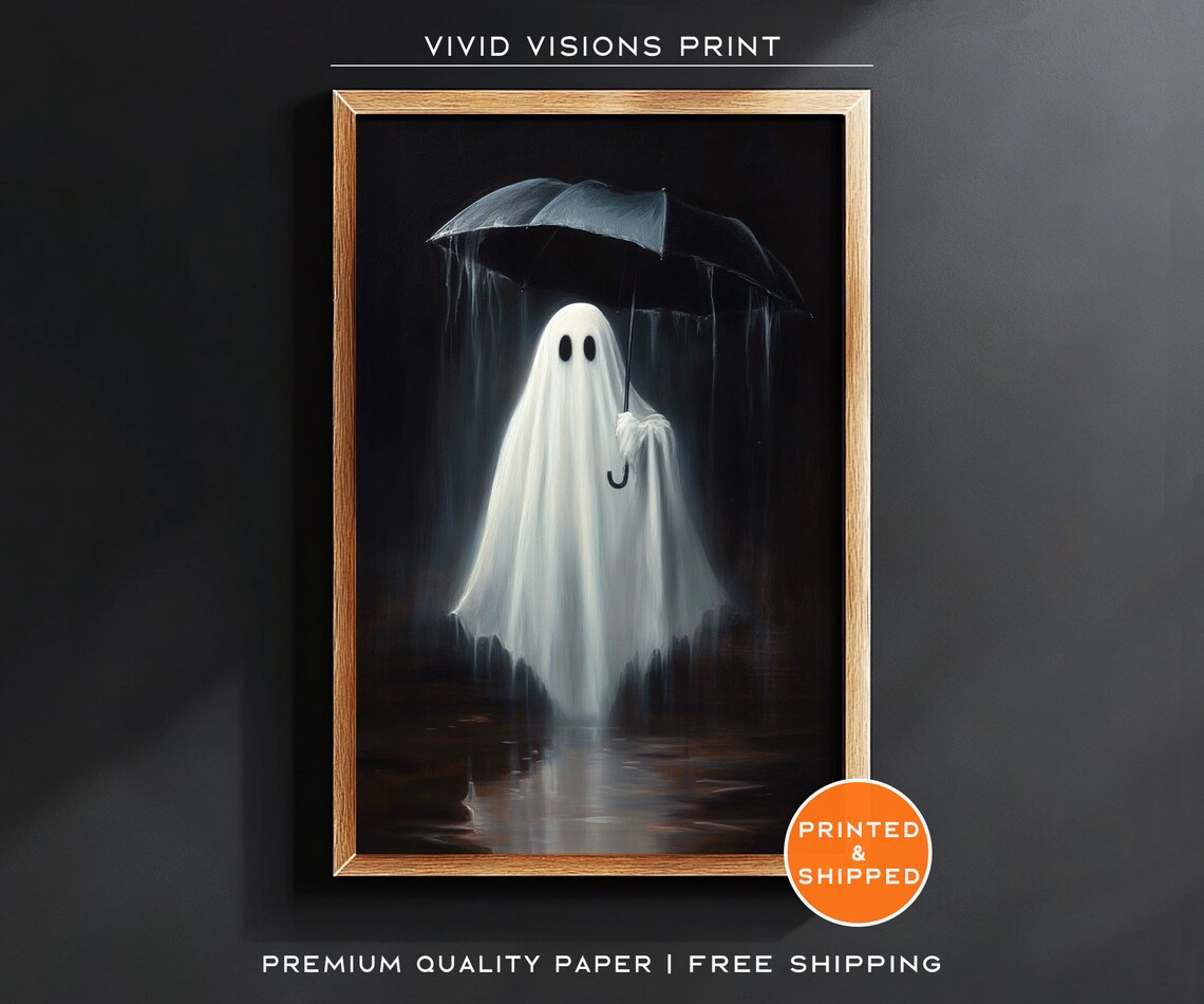 Ghost Holding An Umbrella In The Rain Poster Moody Dark Halloween Art