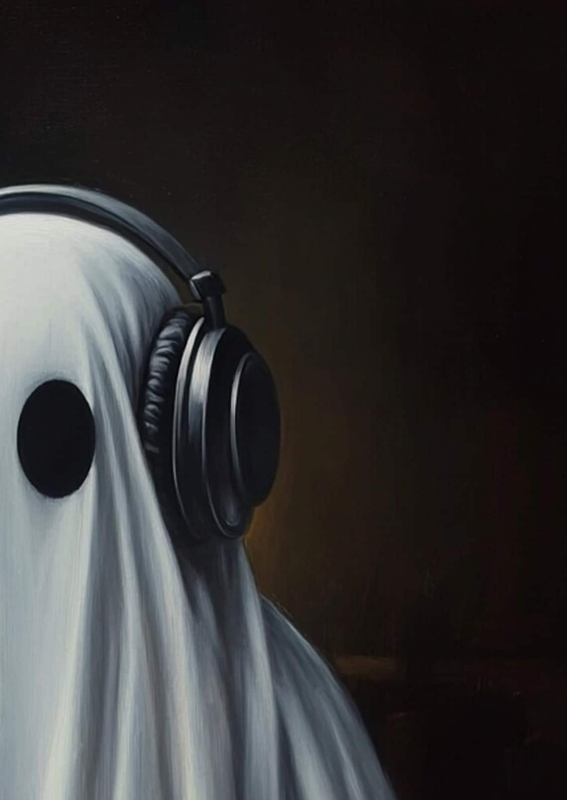 Ghost Wearing Headphones Poster Fun Music Lover Halloween Wall Decor - Image 2
