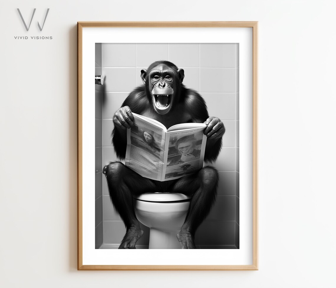 Smiling Chimpanzee Reading Newspaper on the Toilet Funny Poster