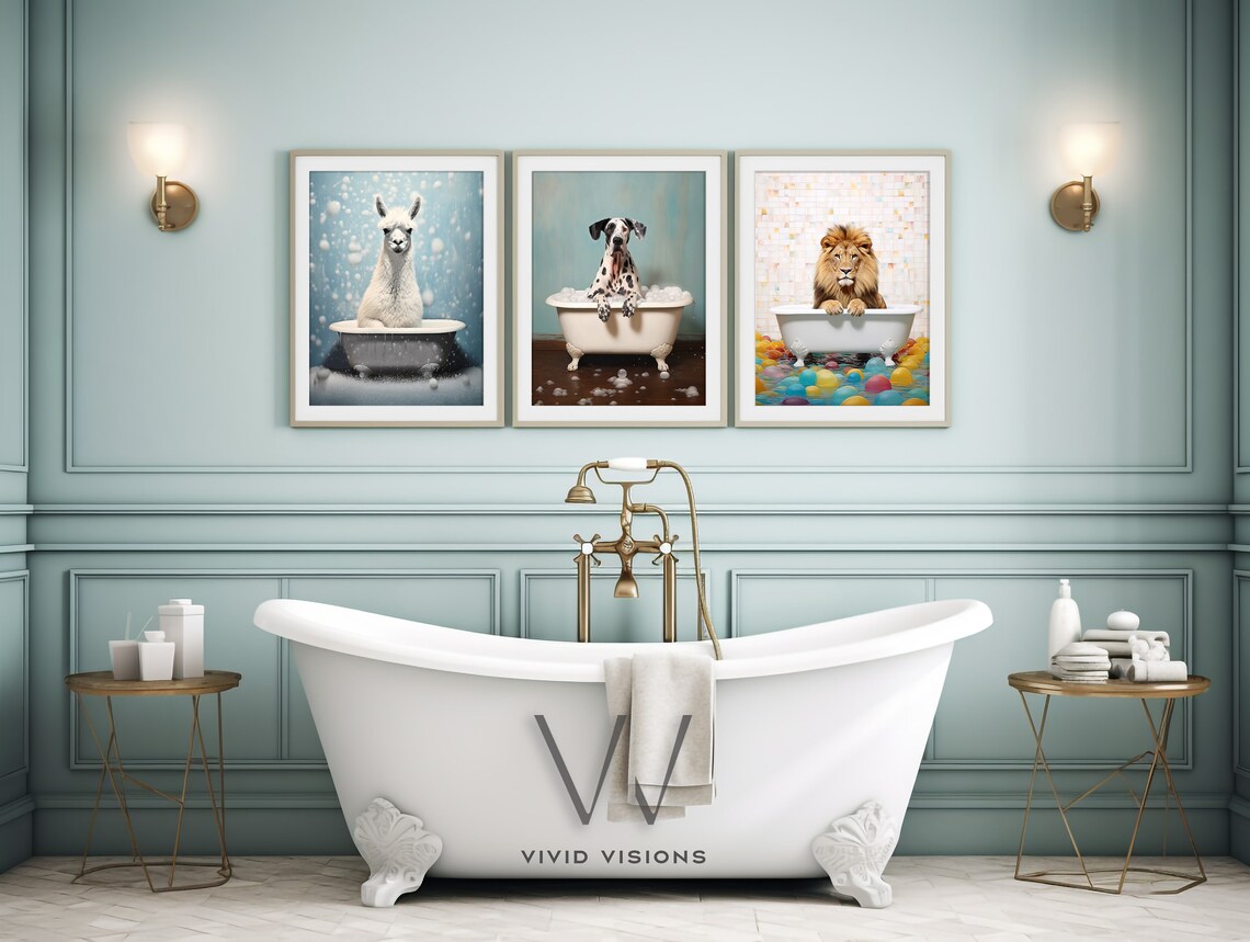 Set of 3 Dalmatian Lion Llama Bathtub Funny Bathroom Wall Art - Image 2
