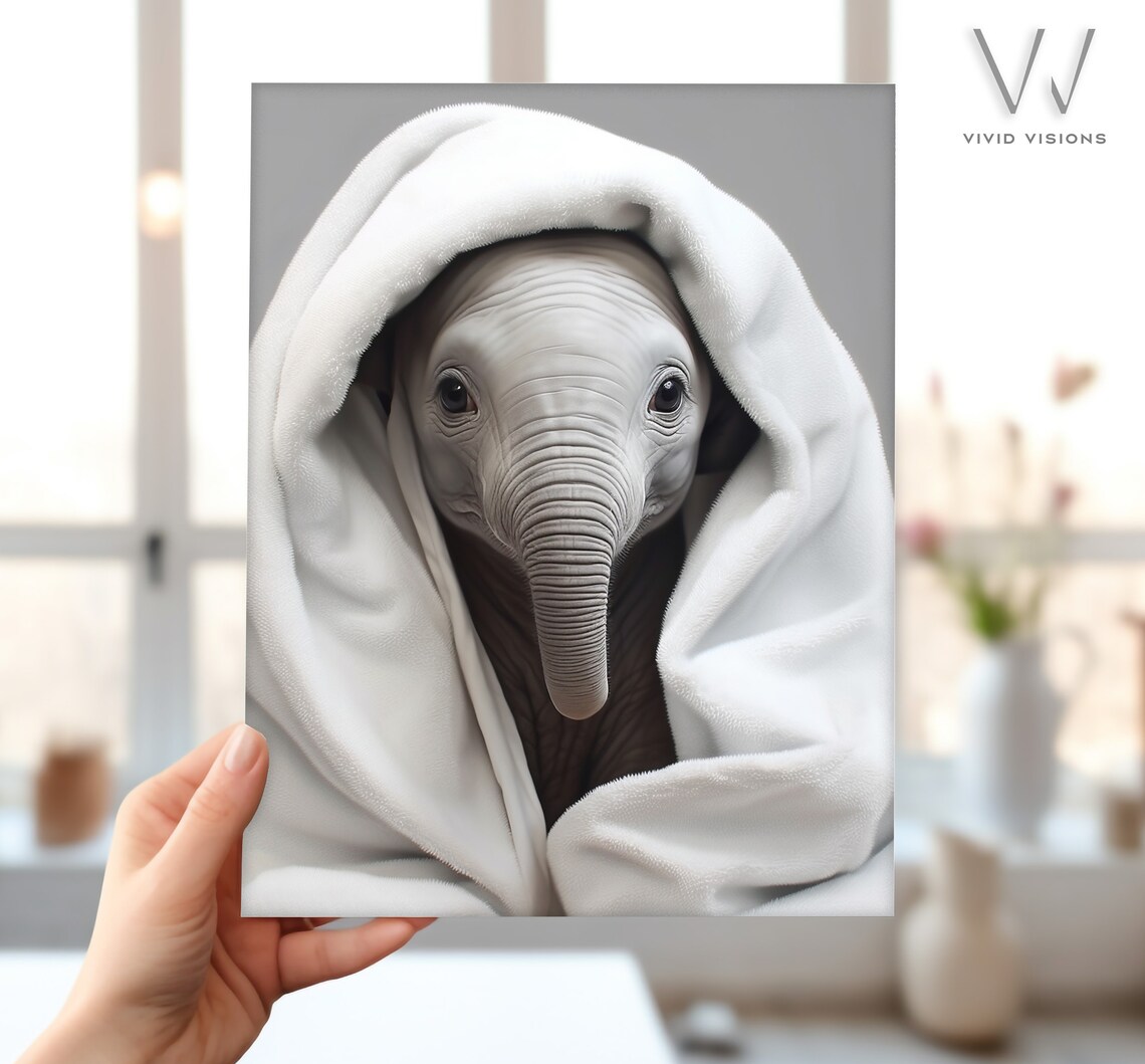 Sweet Baby Elephant Wrapped in Cozy White Towel Nursery Poster - Image 4