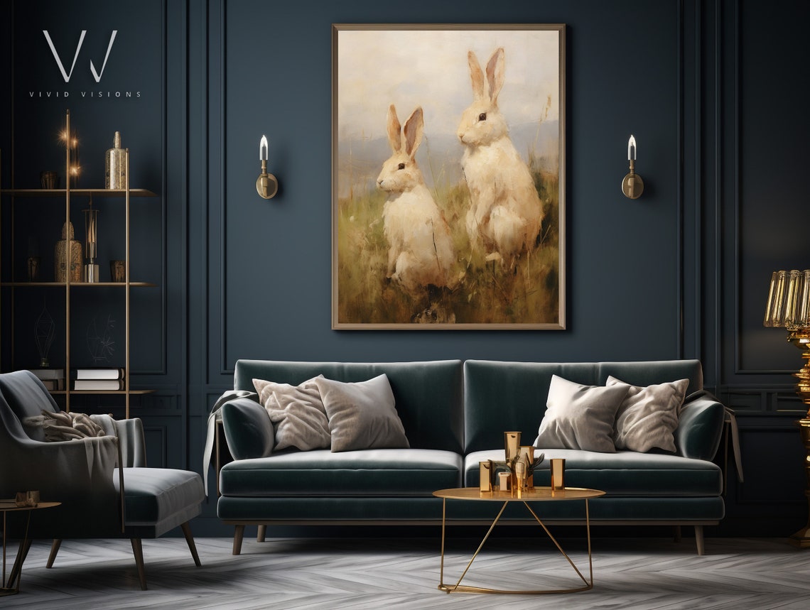 Two White Rabbits Side by Side Meadow Grass Vintage Spring Poster - Image 3