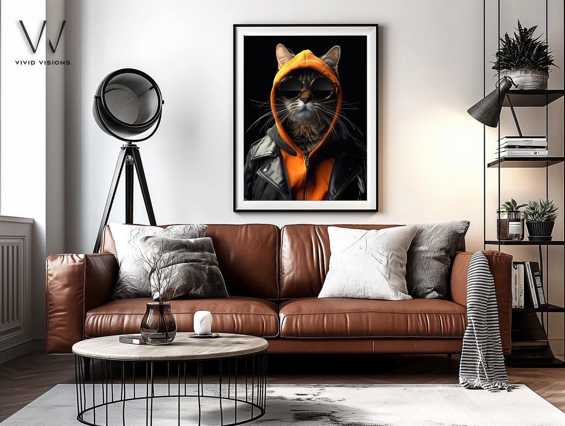 Tabby Cat in Orange Hoodie Leather Jacket Sunglasses Cool Pet Poster - Image 4