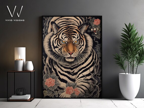 Fierce Japanese Tiger Tattoo Style Dark Peony Flower Art Poster