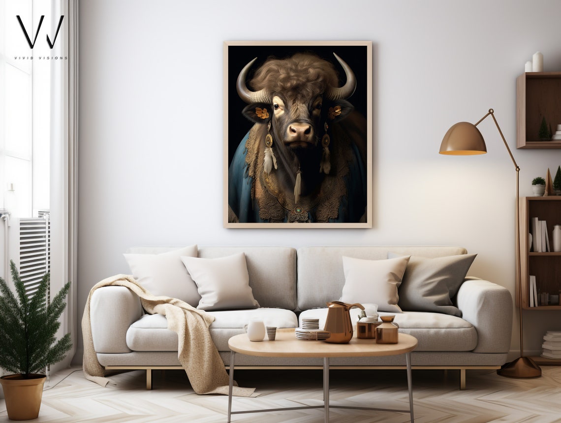 Water Buffalo in a Lace Cape with Feather Earrings Royal Poster - Image 4