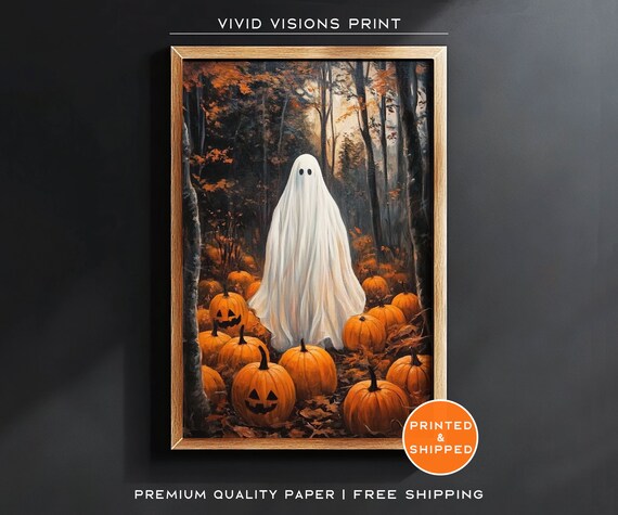 Ghost In A Pumpkin Patch Poster Autumn Forest Halloween Harvest Art