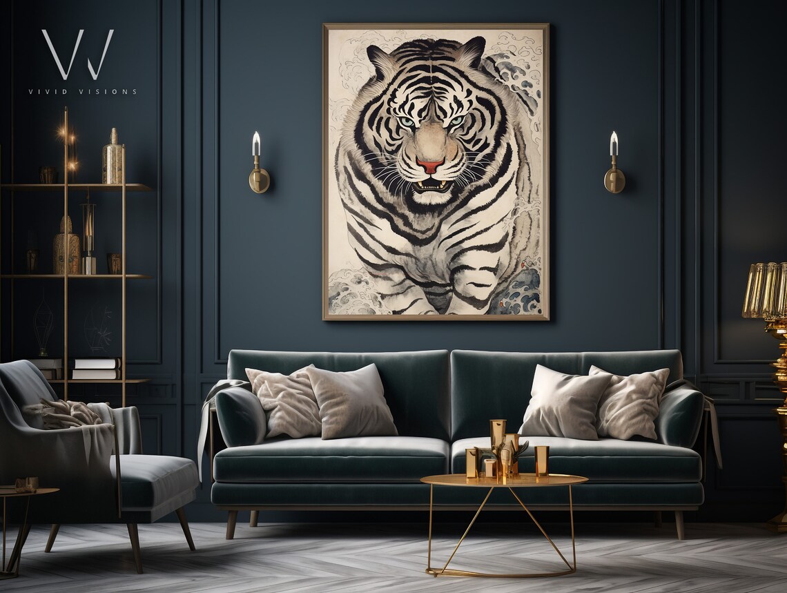 Antique Japanese Tiger Print, Vintage Woodblock Art - Image 3