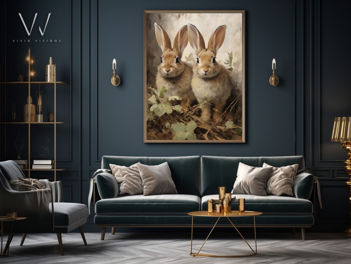Two Bunnies in Clover Vintage Rabbit Pair Painting Easter Poster - Image 3