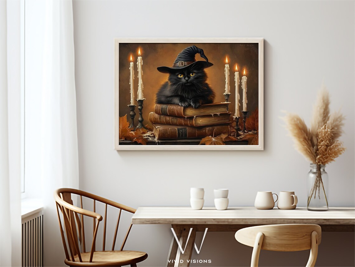 Black Cat in Witch Hat on Spell Books with Candles Halloween Poster - Image 3