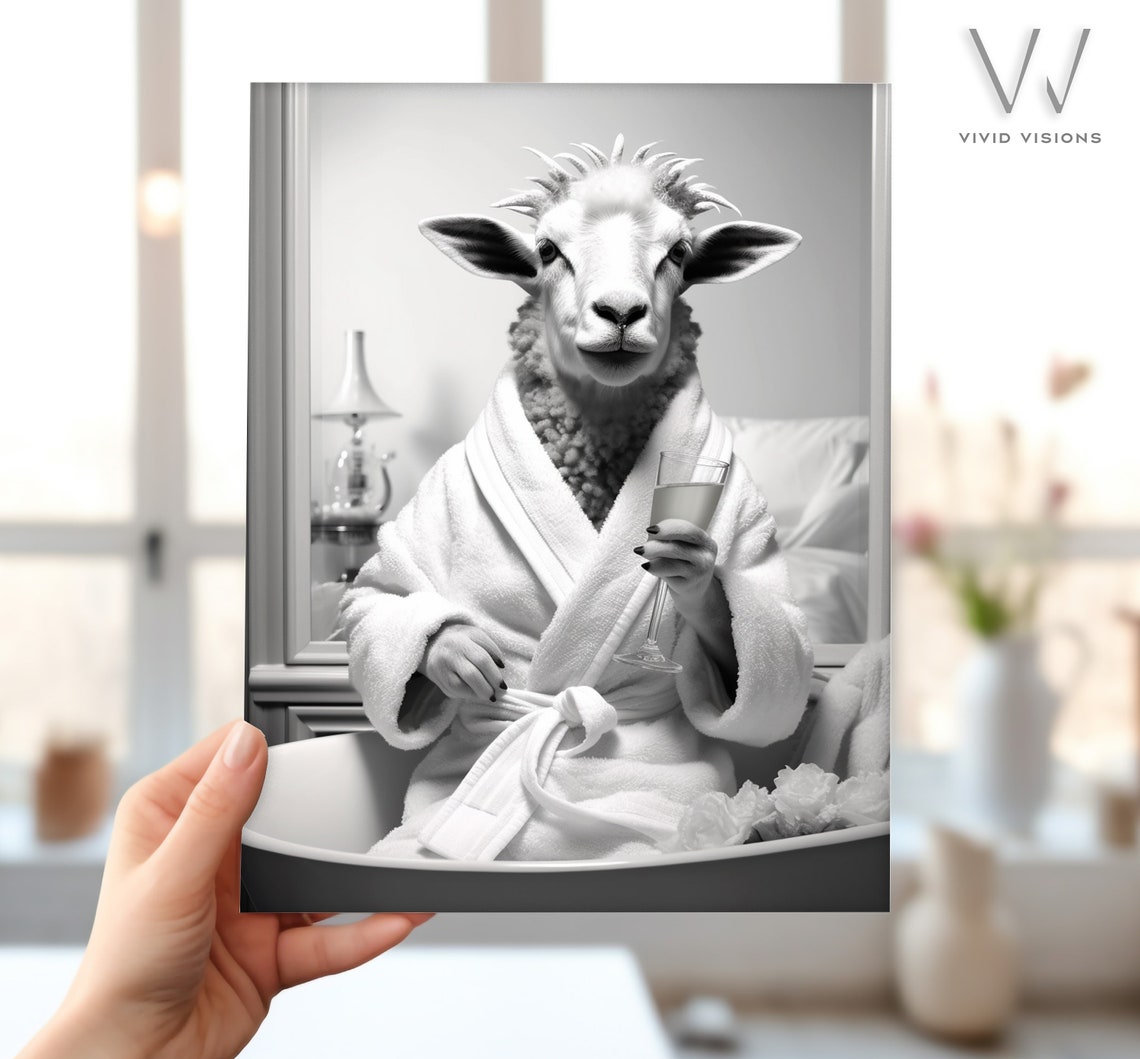 Funny Sheep in Bathrobe Relaxing With Wine in Bathtub Spa Poster - Image 4
