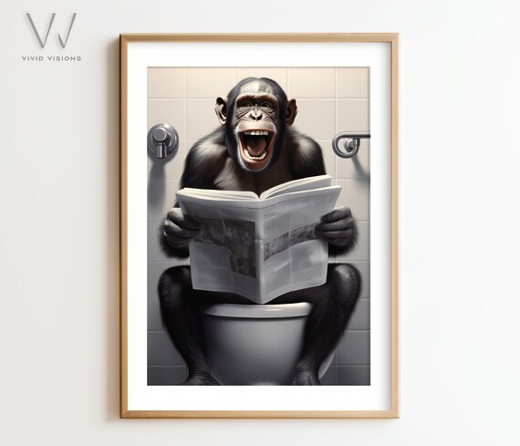 Funny Chimpanzee Laughing While Reading Newspaper on Toilet Poster