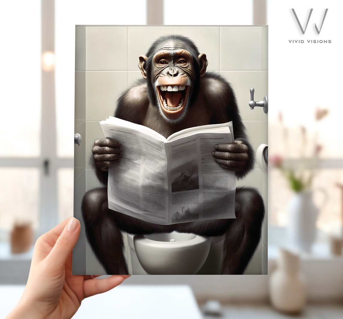 Hilarious Laughing Chimpanzee Reading Newspaper on Toilet Poster - Image 4