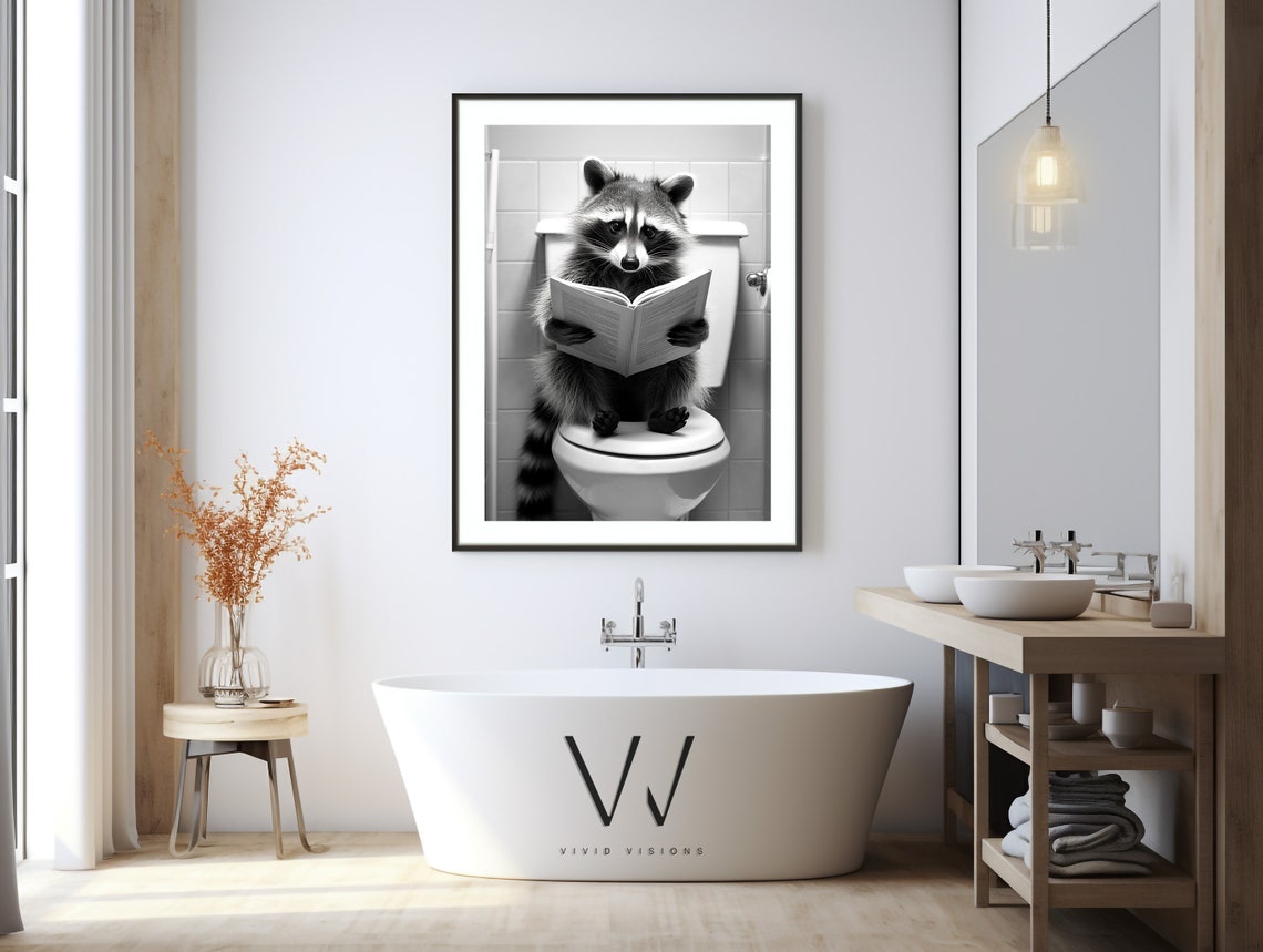 Adorable Raccoon Perched on the Toilet Reading a Book Poster - Image 3