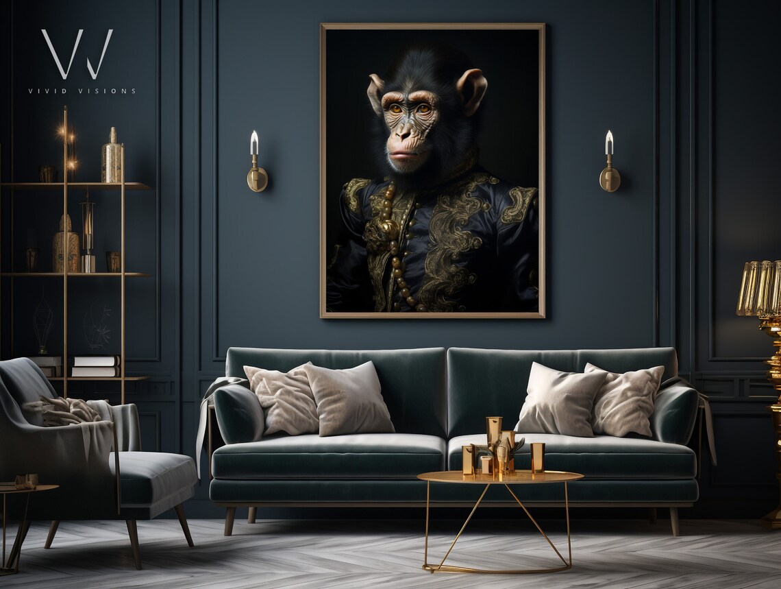 Baby Chimpanzee Portrait Black Gold Embroidered Coat Elegant Poster - Image 4