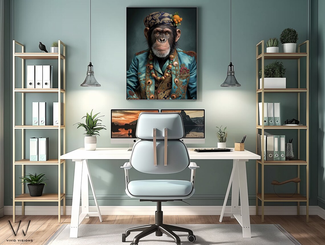 Chimpanzee in Turban Boho Royal Outfit Painted Animal Portrait Poster - Image 3