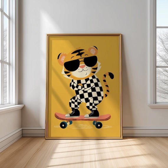 Cool Tiger On Skateboard In Checkered Outfit On Yellow Poster