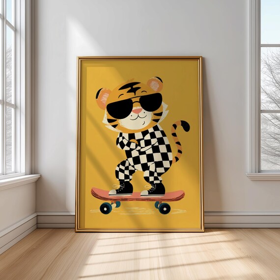 Skateboarding Tiger Nursery Wall Art Playroom Poster Gender Neutral Animal Print Toddler Room Decor Kids Artwork