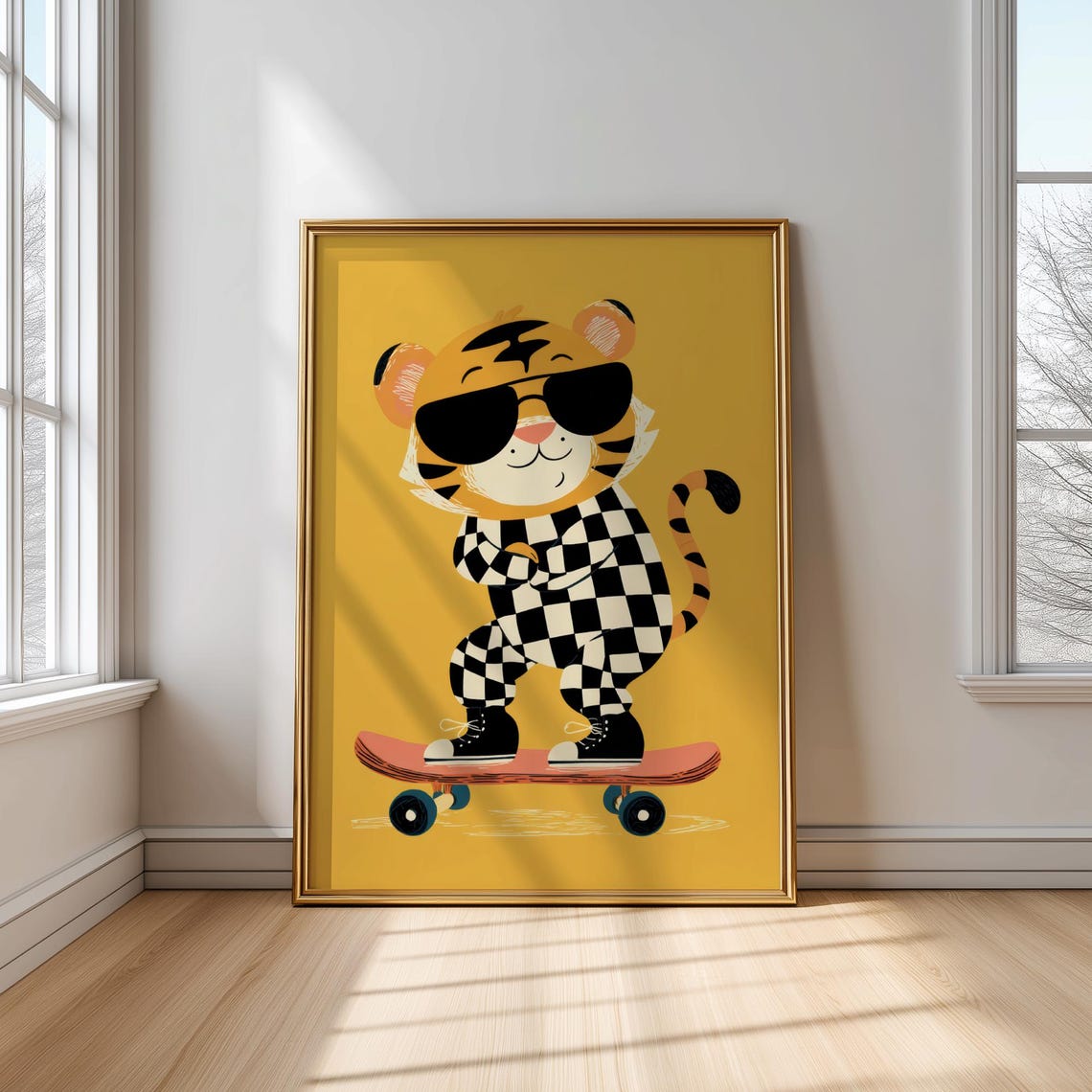 Cool Tiger On Skateboard In Checkered Outfit On Yellow Poster
